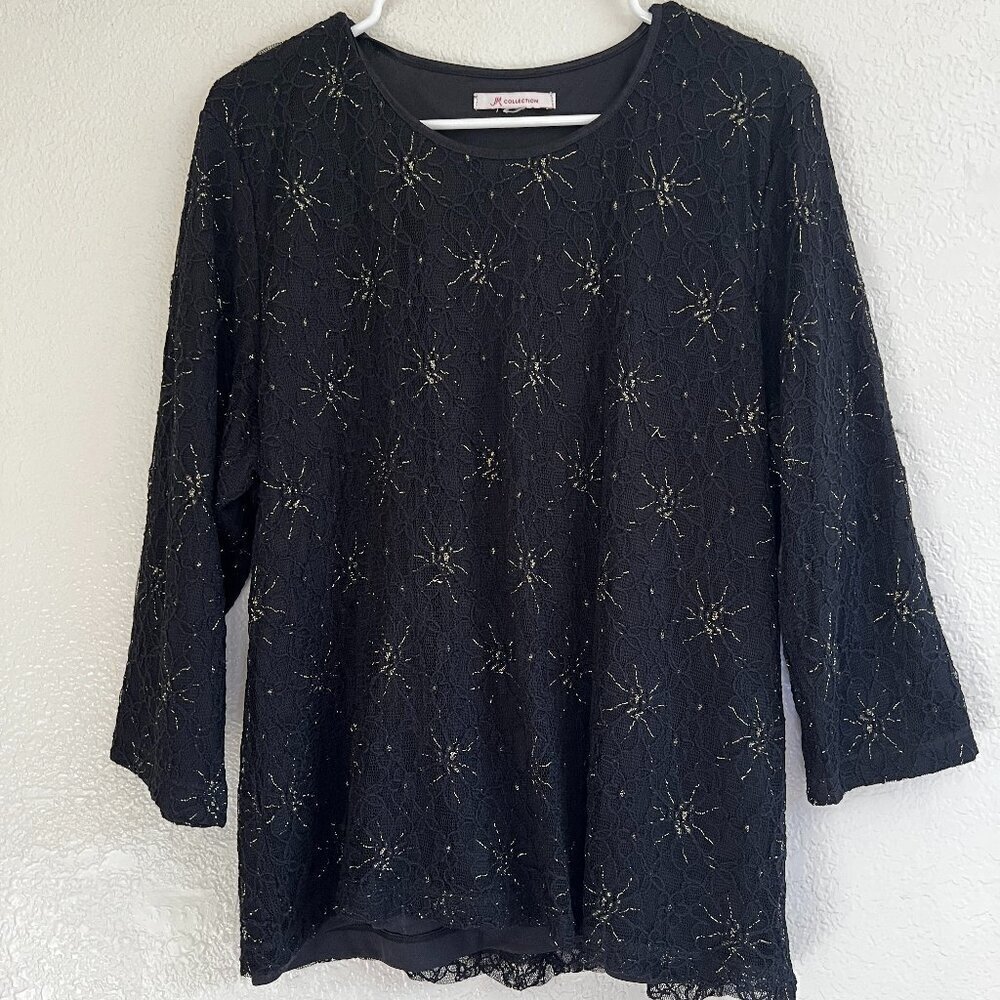 JM Collection Black Lace w/ Gold metallic Print Tunic Blouse Top 3/4 Sleeve Sz M